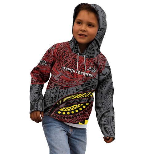 Personalised Penrith Panthers Kid Hoodie Polynesian Tribal Art Style With Fierce Panther Mascot
