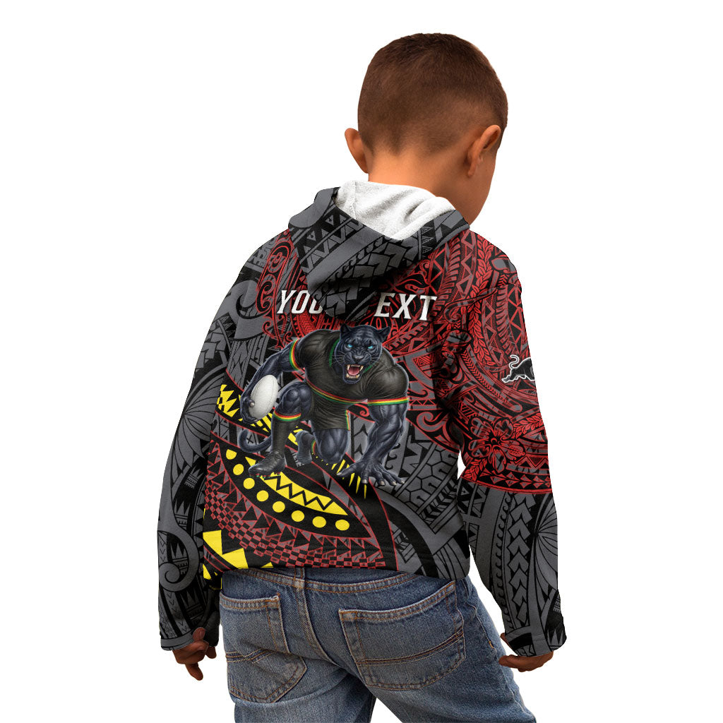 Personalised Penrith Panthers Kid Hoodie Polynesian Tribal Art Style With Fierce Panther Mascot
