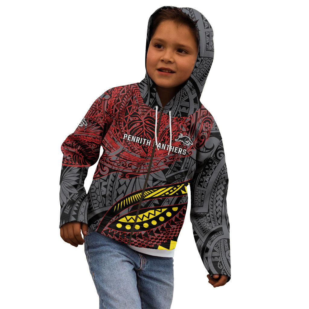 Personalised Penrith Panthers Kid Hoodie Polynesian Tribal Art Style With Fierce Panther Mascot