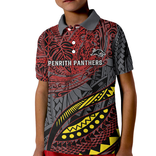 Personalised Penrith Panthers Kid Polo Shirt Polynesian Tribal Art Style With Fierce Panther Mascot