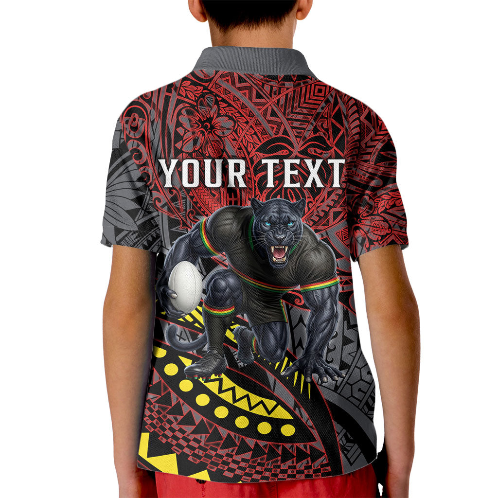 Personalised Penrith Panthers Kid Polo Shirt Polynesian Tribal Art Style With Fierce Panther Mascot