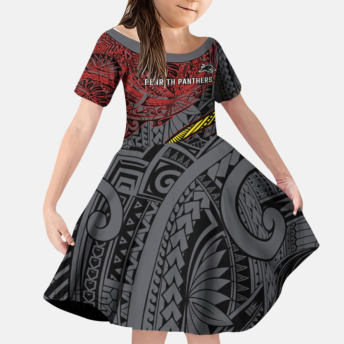 Personalised Penrith Panthers Kid Short Sleeve Dress Polynesian Tribal Art Style With Fierce Panther Mascot