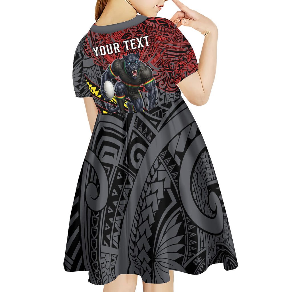 Personalised Penrith Panthers Kid Short Sleeve Dress Polynesian Tribal Art Style With Fierce Panther Mascot