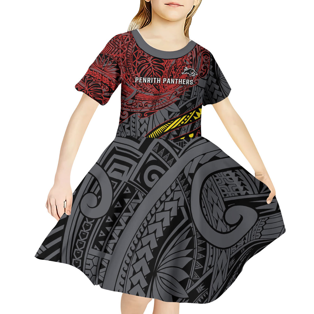 Personalised Penrith Panthers Kid Short Sleeve Dress Polynesian Tribal Art Style With Fierce Panther Mascot