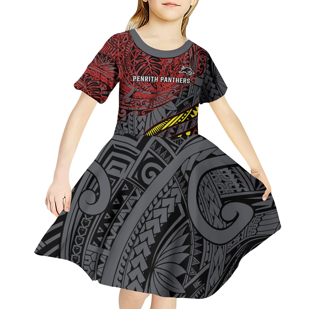 Personalised Penrith Panthers Kid Short Sleeve Dress Polynesian Tribal Art Style With Fierce Panther Mascot