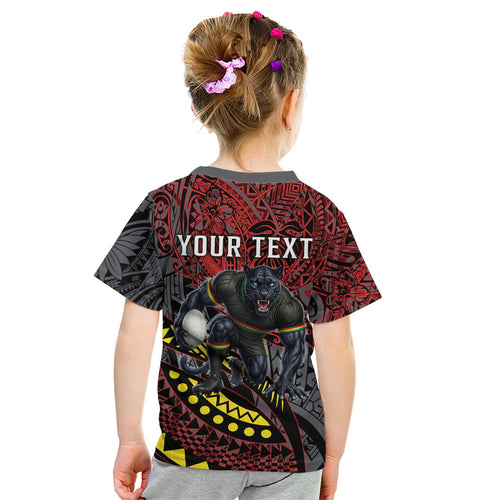 Personalised Penrith Panthers Kid T Shirt Polynesian Tribal Art Style With Fierce Panther Mascot