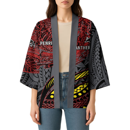 Personalised Penrith Panthers Kimono Polynesian Tribal Art Style With Fierce Panther Mascot