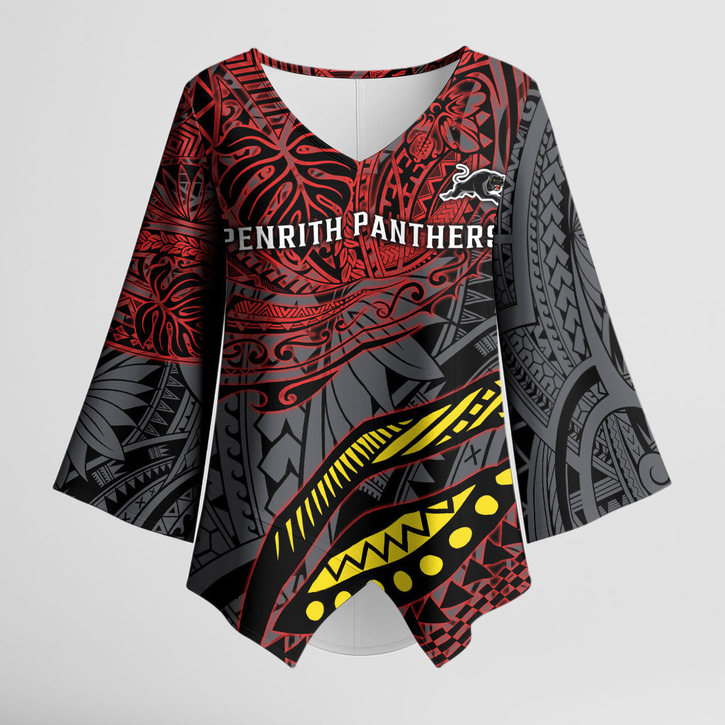 Personalised Penrith Panthers Kimono Sleeve Blouse Polynesian Tribal Art Style With Fierce Panther Mascot