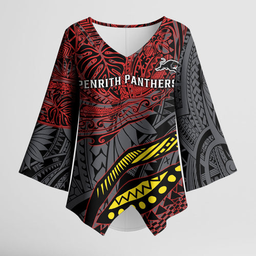 Personalised Penrith Panthers Kimono Sleeve Blouse Polynesian Tribal Art Style With Fierce Panther Mascot