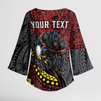 Personalised Penrith Panthers Kimono Sleeve Blouse Polynesian Tribal Art Style With Fierce Panther Mascot
