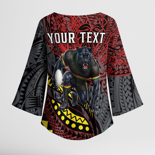 Personalised Penrith Panthers Kimono Sleeve Blouse Polynesian Tribal Art Style With Fierce Panther Mascot