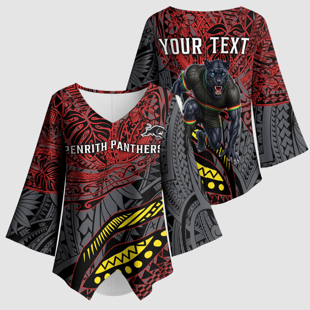 Personalised Penrith Panthers Kimono Sleeve Blouse Polynesian Tribal Art Style With Fierce Panther Mascot