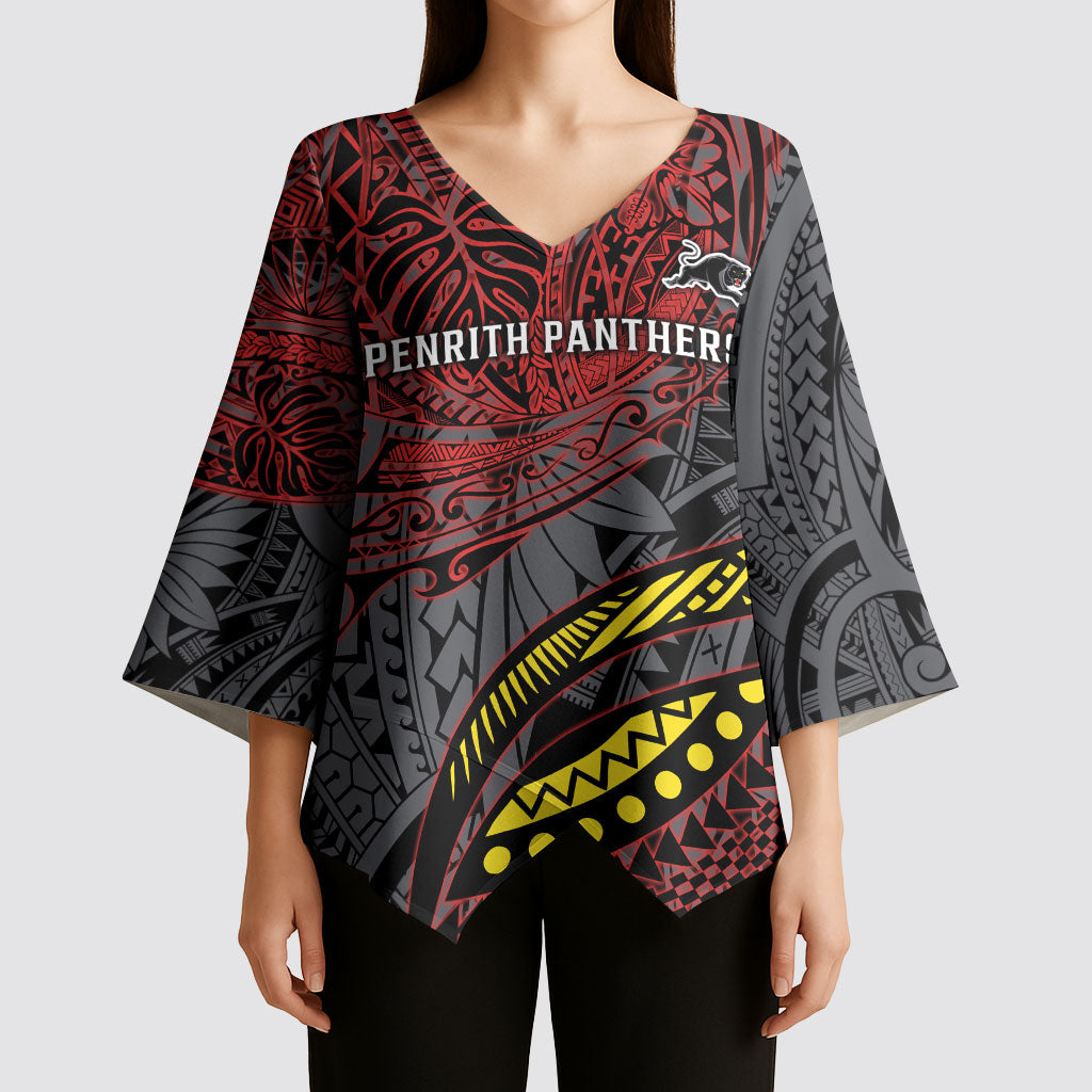 Personalised Penrith Panthers Kimono Sleeve Blouse Polynesian Tribal Art Style With Fierce Panther Mascot