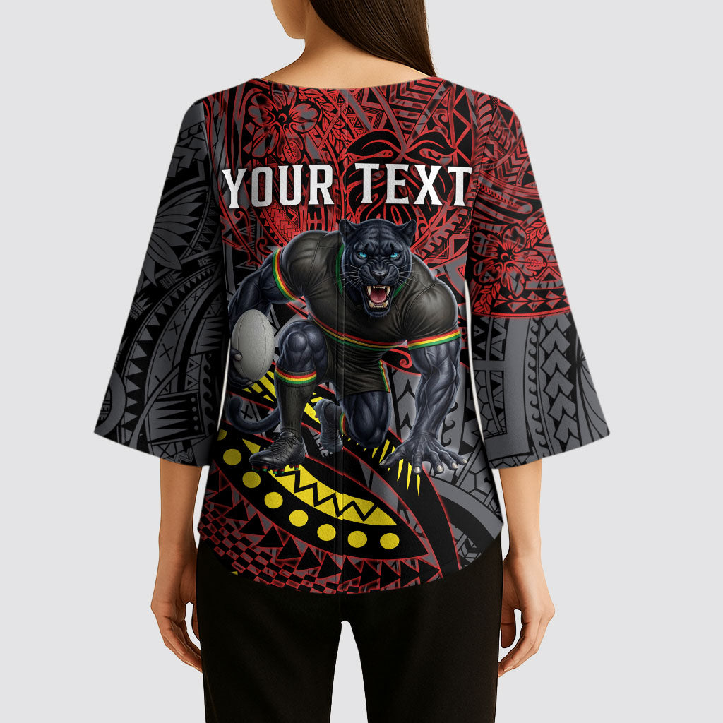 Personalised Penrith Panthers Kimono Sleeve Blouse Polynesian Tribal Art Style With Fierce Panther Mascot