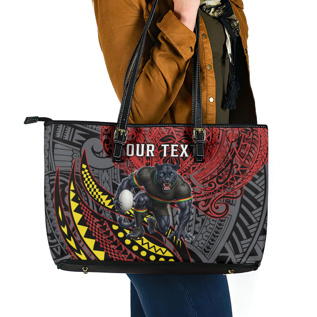 Personalised Penrith Panthers Leather Tote Bag Polynesian Tribal Art Style With Fierce Panther Mascot