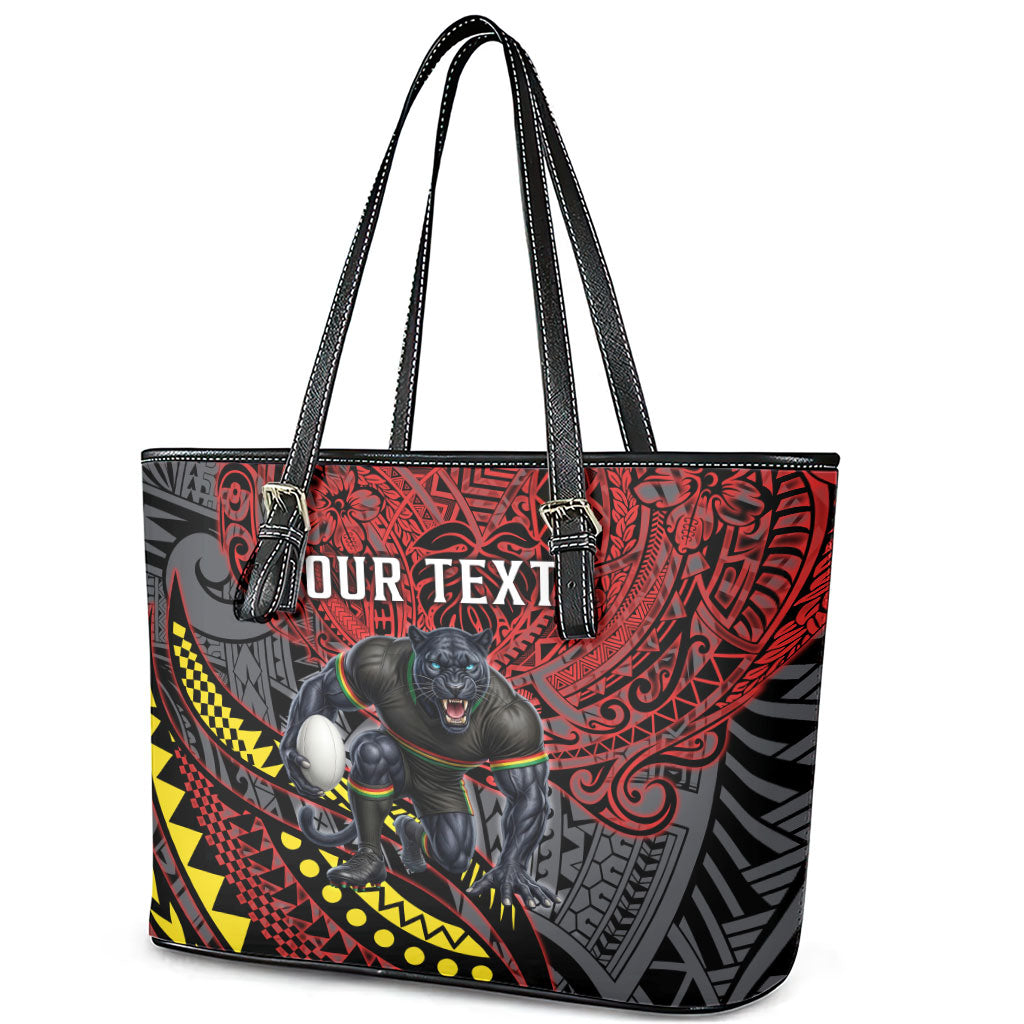 Personalised Penrith Panthers Leather Tote Bag Polynesian Tribal Art Style With Fierce Panther Mascot