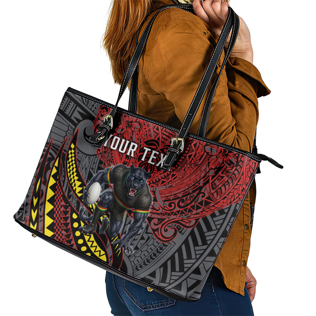 Personalised Penrith Panthers Leather Tote Bag Polynesian Tribal Art Style With Fierce Panther Mascot