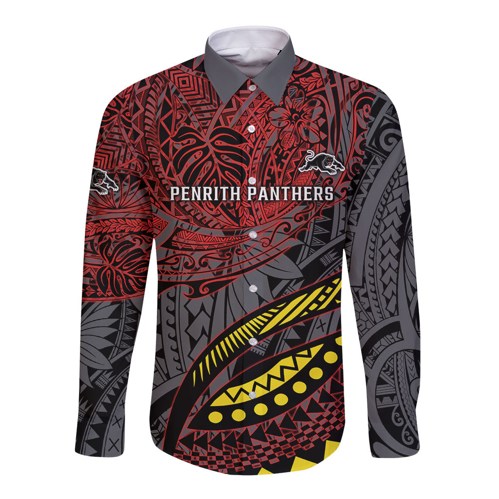 Personalised Penrith Panthers Long Sleeve Button Shirt Polynesian Tribal Art Style With Fierce Panther Mascot