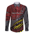 Personalised Penrith Panthers Long Sleeve Button Shirt Polynesian Tribal Art Style With Fierce Panther Mascot