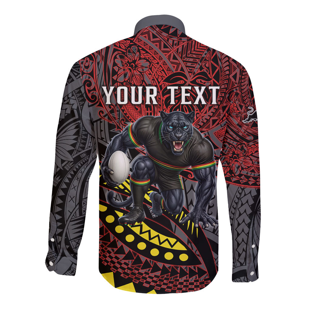 Personalised Penrith Panthers Long Sleeve Button Shirt Polynesian Tribal Art Style With Fierce Panther Mascot