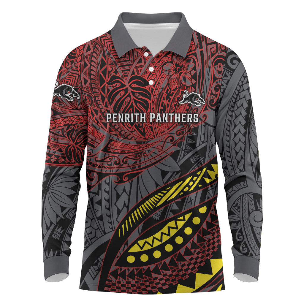 Personalised Penrith Panthers Long Sleeve Polo Shirt Polynesian Tribal Art Style With Fierce Panther Mascot