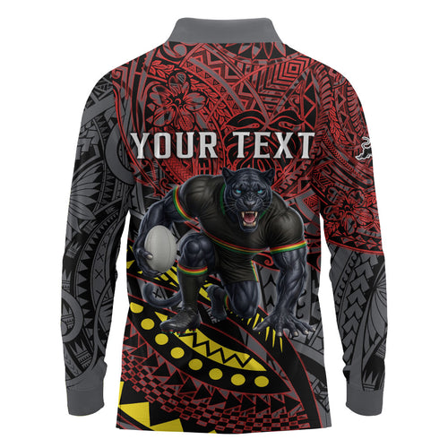 Personalised Penrith Panthers Long Sleeve Polo Shirt Polynesian Tribal Art Style With Fierce Panther Mascot