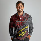 Personalised Penrith Panthers Long Sleeve Polo Shirt Polynesian Tribal Art Style With Fierce Panther Mascot