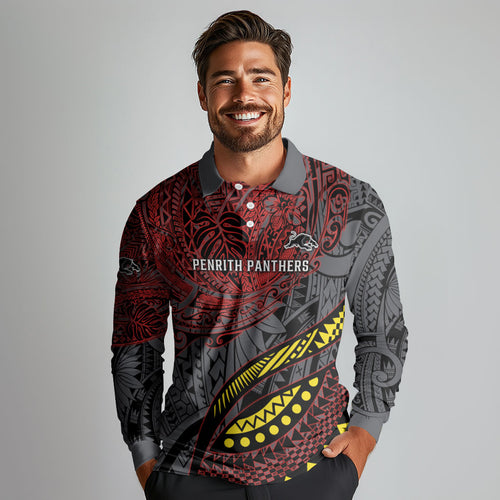 Personalised Penrith Panthers Long Sleeve Polo Shirt Polynesian Tribal Art Style With Fierce Panther Mascot