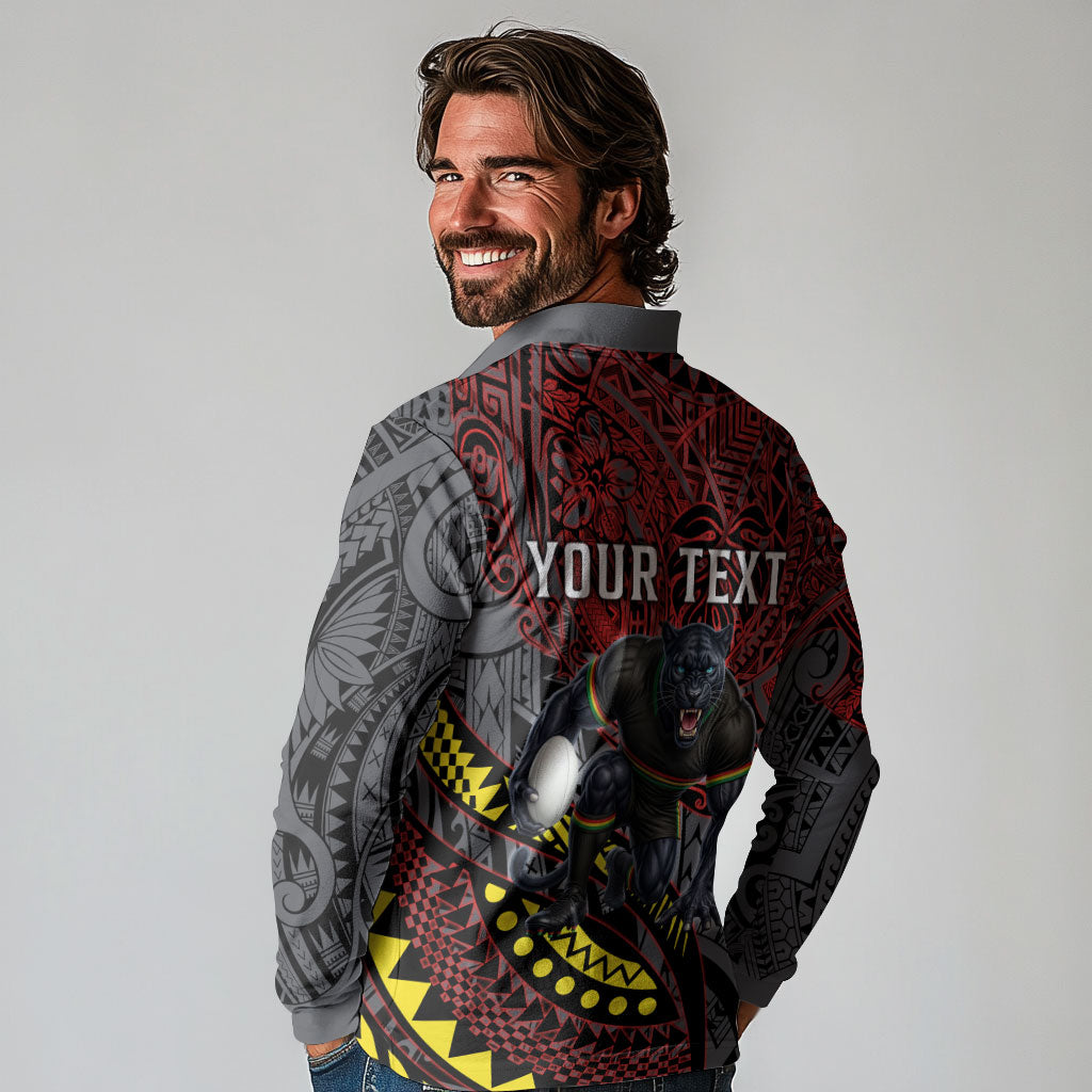 Personalised Penrith Panthers Long Sleeve Polo Shirt Polynesian Tribal Art Style With Fierce Panther Mascot