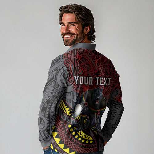Personalised Penrith Panthers Long Sleeve Polo Shirt Polynesian Tribal Art Style With Fierce Panther Mascot