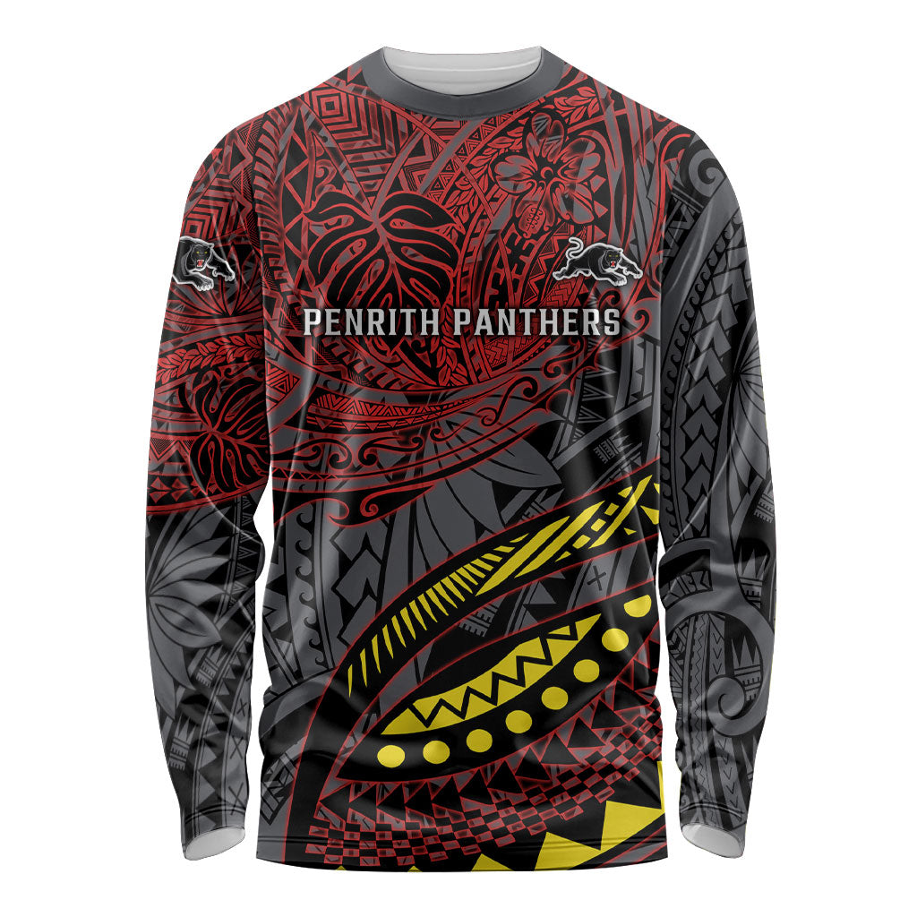 Personalised Penrith Panthers Long Sleeve Shirt Polynesian Tribal Art Style With Fierce Panther Mascot