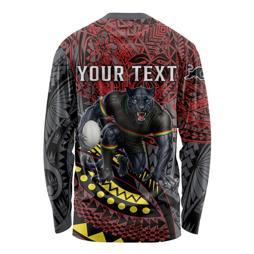 Personalised Penrith Panthers Long Sleeve Shirt Polynesian Tribal Art Style With Fierce Panther Mascot
