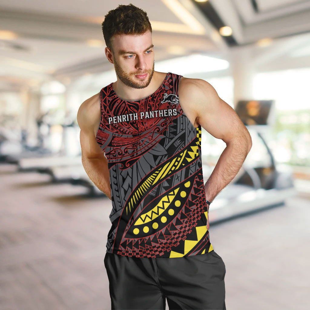 Personalised Penrith Panthers Men Tank Top Polynesian Tribal Art Style With Fierce Panther Mascot