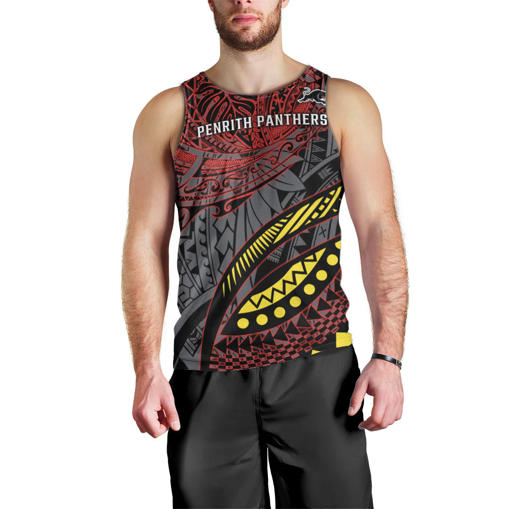 Personalised Penrith Panthers Men Tank Top Polynesian Tribal Art Style With Fierce Panther Mascot