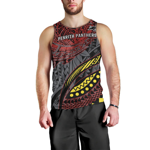 Personalised Penrith Panthers Men Tank Top Polynesian Tribal Art Style With Fierce Panther Mascot