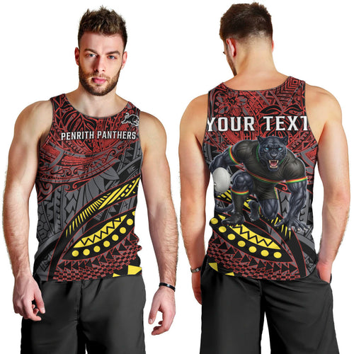 Personalised Penrith Panthers Men Tank Top Polynesian Tribal Art Style With Fierce Panther Mascot