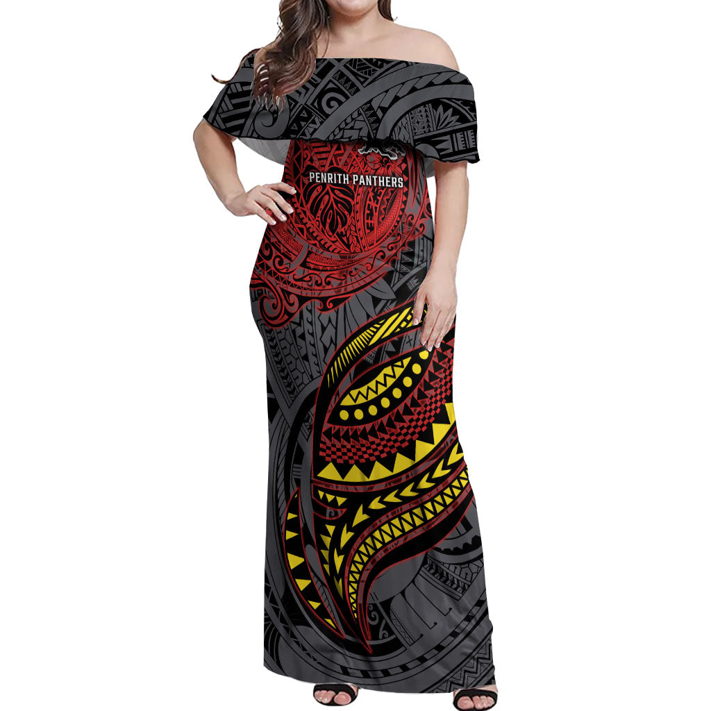 Personalised Penrith Panthers Off Shoulder Maxi Dress Polynesian Tribal Art Style With Fierce Panther Mascot