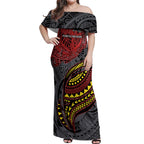 Personalised Penrith Panthers Off Shoulder Maxi Dress Polynesian Tribal Art Style With Fierce Panther Mascot