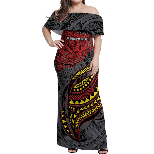 Personalised Penrith Panthers Off Shoulder Maxi Dress Polynesian Tribal Art Style With Fierce Panther Mascot