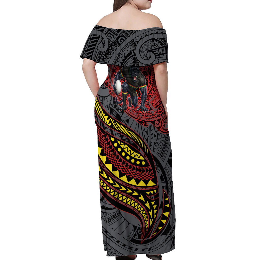 Personalised Penrith Panthers Off Shoulder Maxi Dress Polynesian Tribal Art Style With Fierce Panther Mascot