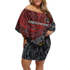 Personalised Penrith Panthers Off Shoulder Short Dress Polynesian Tribal Art Style With Fierce Panther Mascot