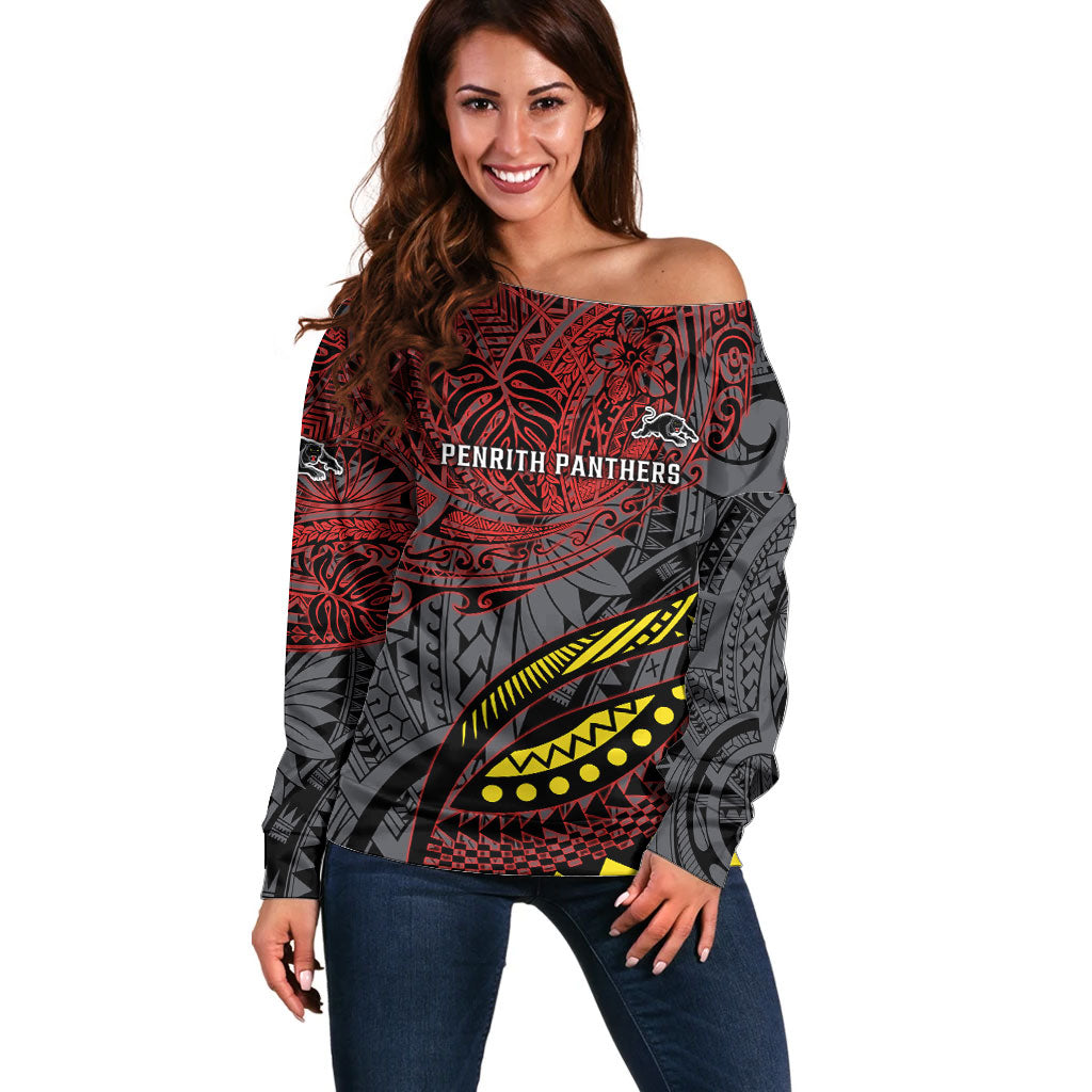 Personalised Penrith Panthers Off Shoulder Sweater Polynesian Tribal Art Style With Fierce Panther Mascot