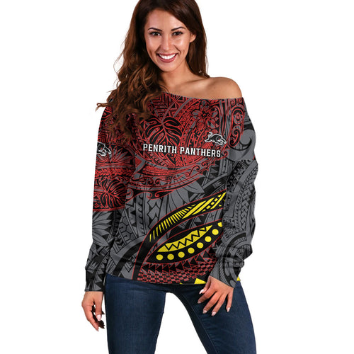 Personalised Penrith Panthers Off Shoulder Sweater Polynesian Tribal Art Style With Fierce Panther Mascot