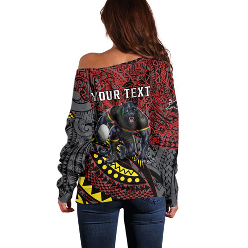 Personalised Penrith Panthers Off Shoulder Sweater Polynesian Tribal Art Style With Fierce Panther Mascot