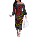 Personalised Penrith Panthers Off The Shoulder Long Sleeve Dress Polynesian Tribal Art Style With Fierce Panther Mascot