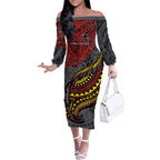 Personalised Penrith Panthers Off The Shoulder Long Sleeve Dress Polynesian Tribal Art Style With Fierce Panther Mascot