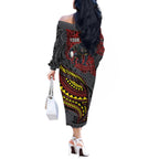 Personalised Penrith Panthers Off The Shoulder Long Sleeve Dress Polynesian Tribal Art Style With Fierce Panther Mascot