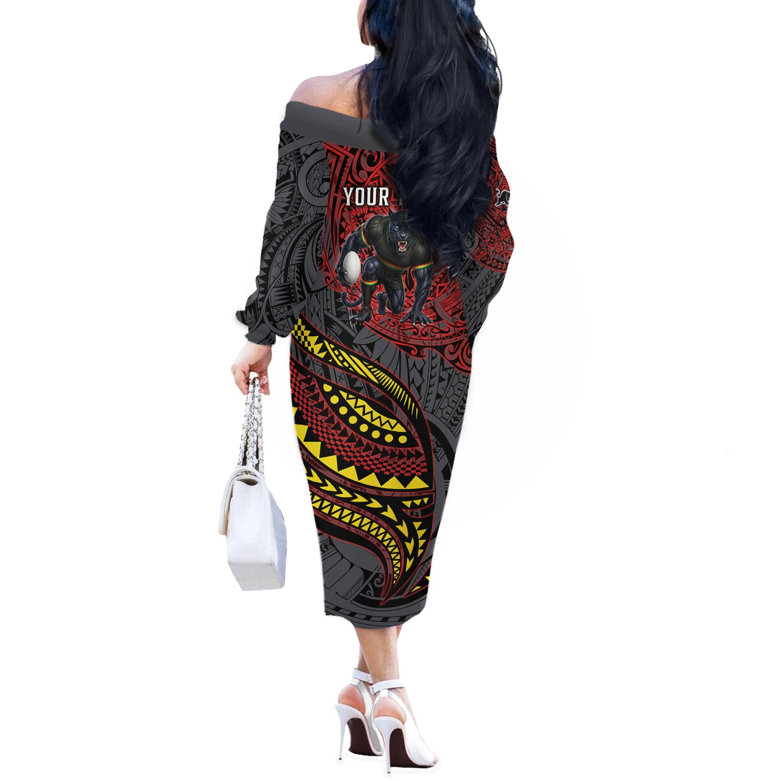 Personalised Penrith Panthers Off The Shoulder Long Sleeve Dress Polynesian Tribal Art Style With Fierce Panther Mascot