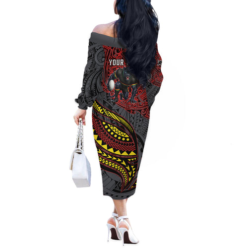 Personalised Penrith Panthers Off The Shoulder Long Sleeve Dress Polynesian Tribal Art Style With Fierce Panther Mascot