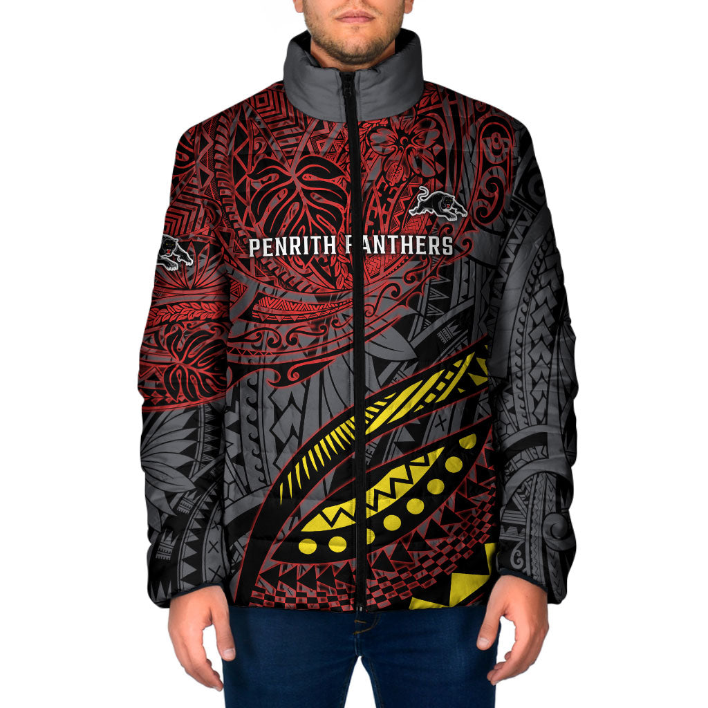 Personalised Penrith Panthers Padded Jacket Polynesian Tribal Art Style With Fierce Panther Mascot